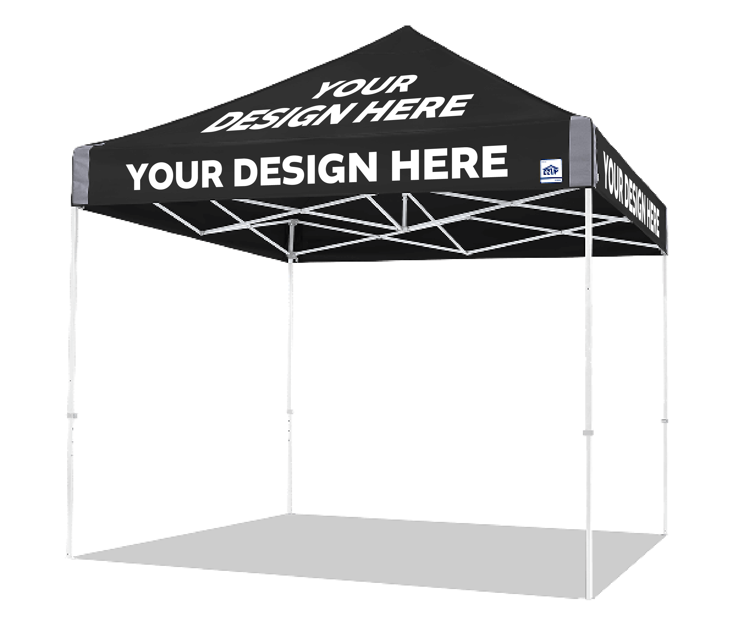 Customizable outdoor EZ-UP canopy gazebo with 'Your Design' printed on a black background