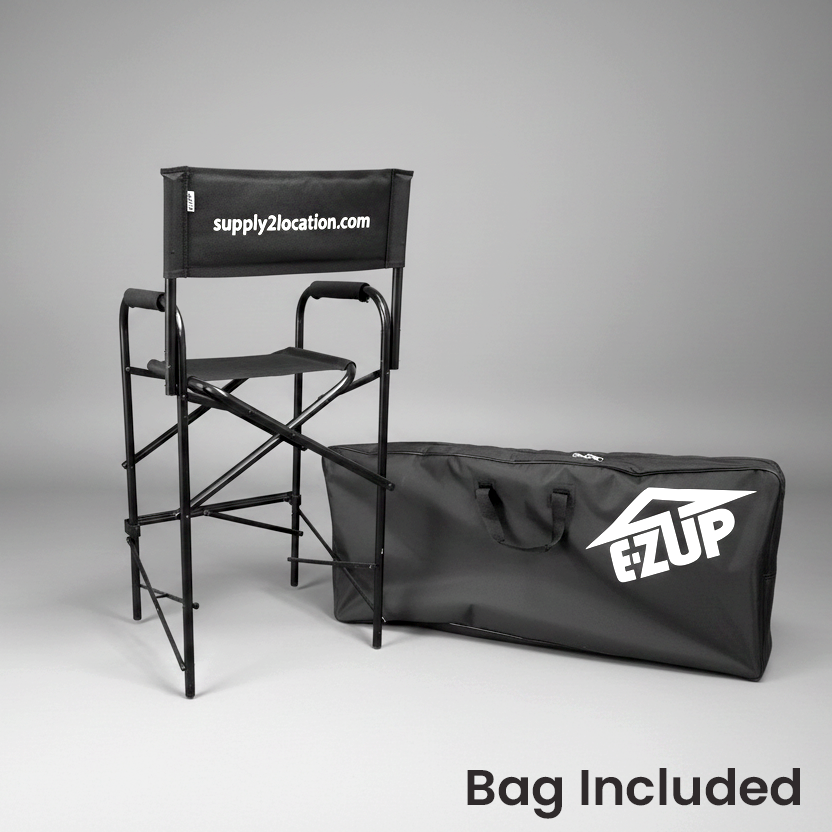 Black folding chair with carrying bag on a white background