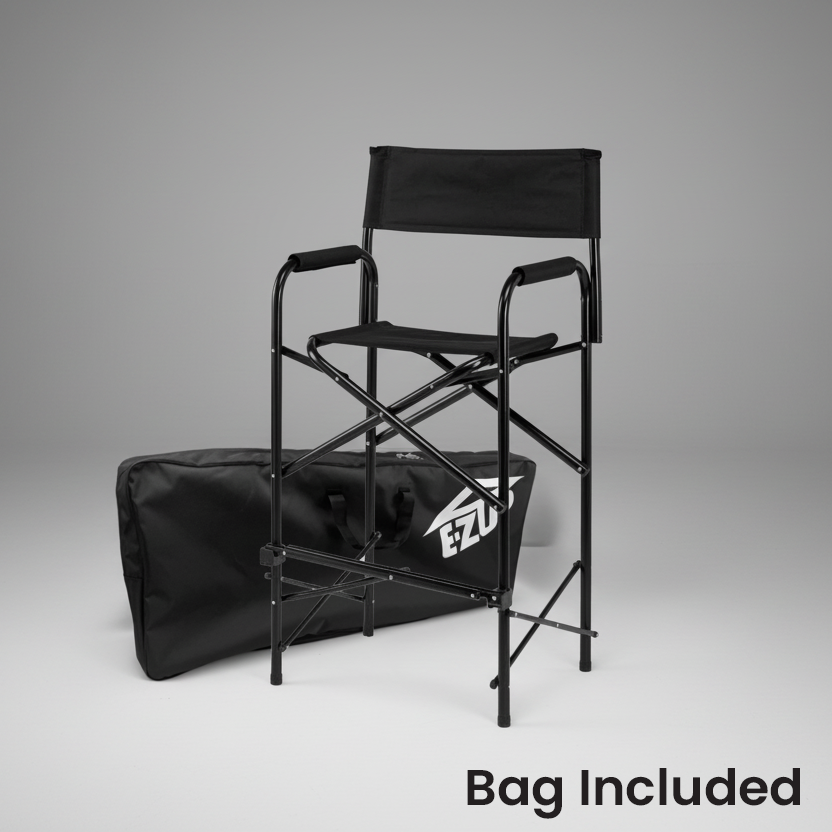 Black director's chair with carrying case on a gray background