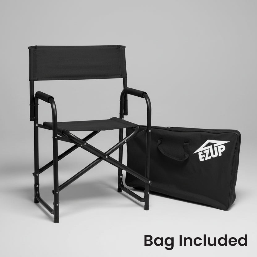 Black director's chair with carrying bag on a gray background