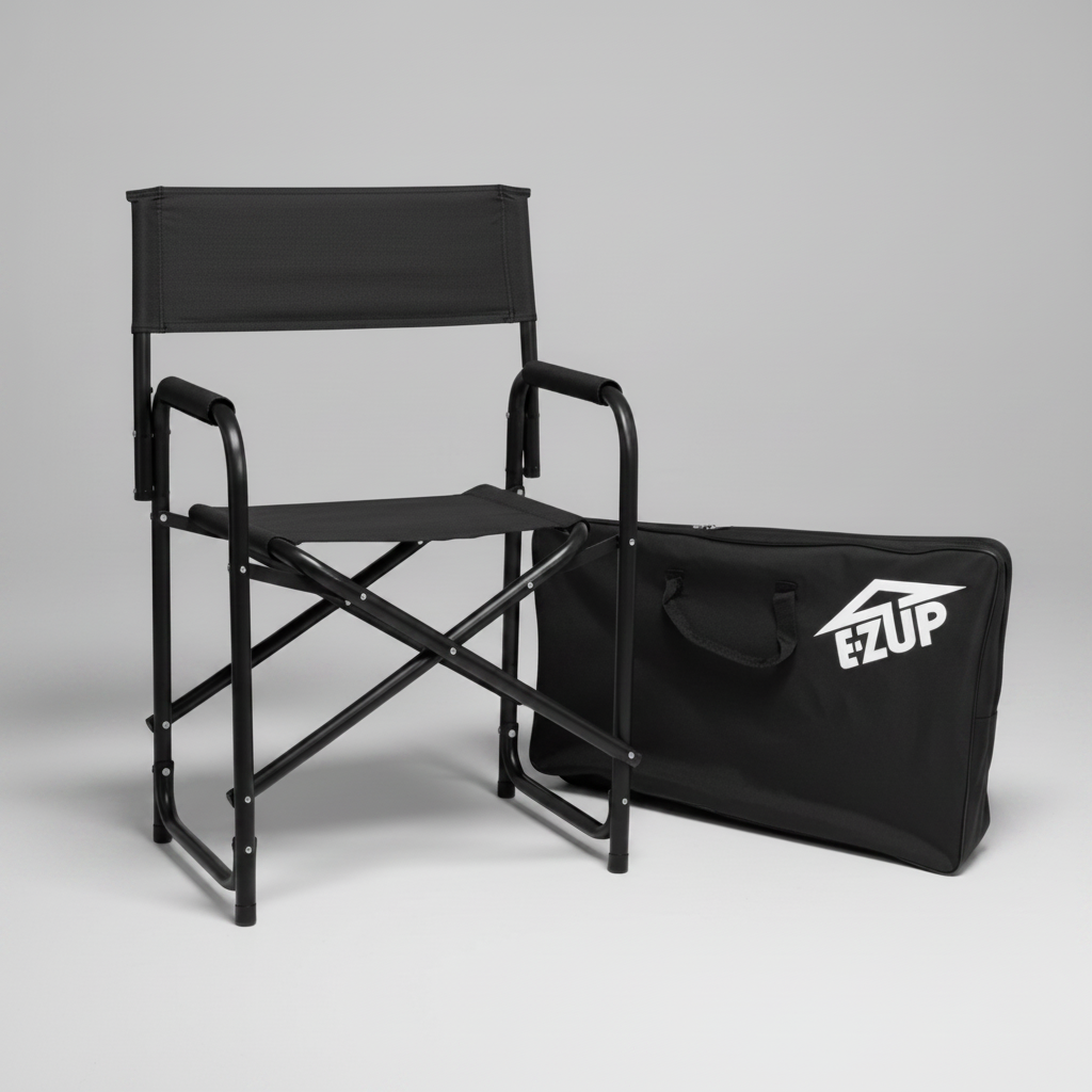 Black director's chair with carrying bag on a gray background