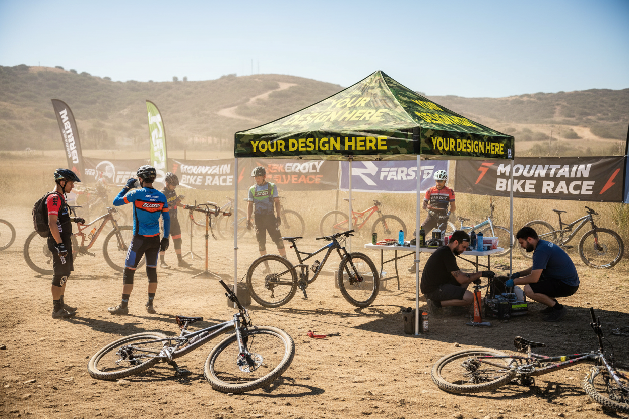 Mountain bike race event with participants and bikes on a dirt track, branded canopy tent in the background.