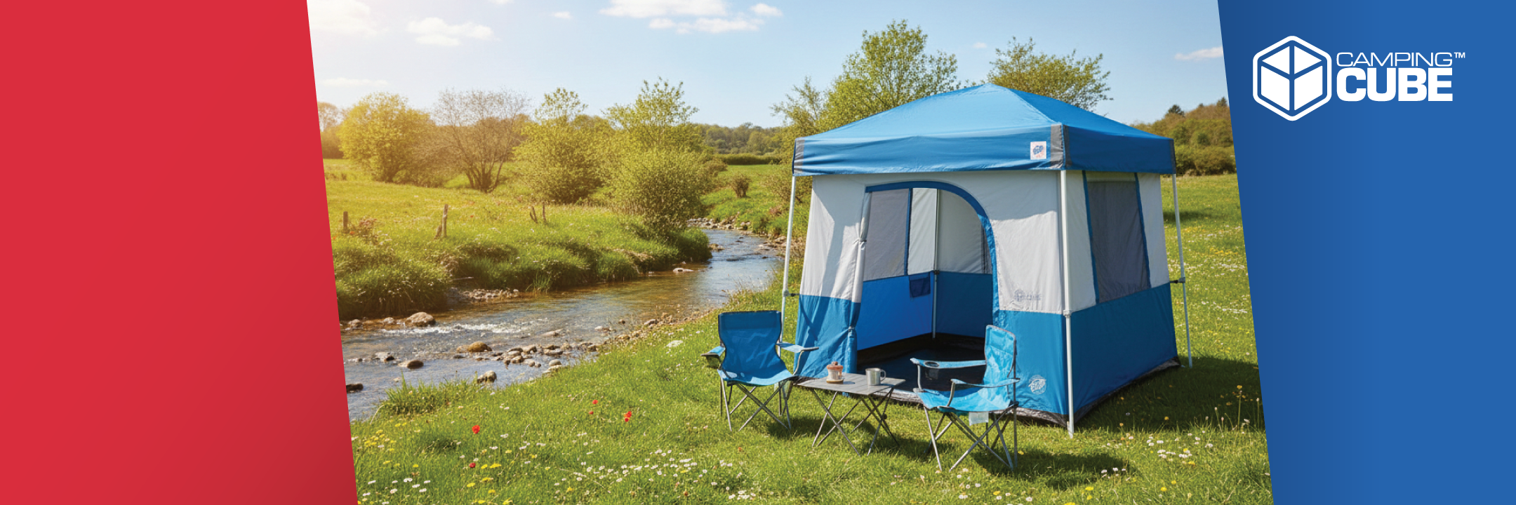 Camping tent with side awning set up in a grassy area near a river, featuring the 'Campout Cube' brand.