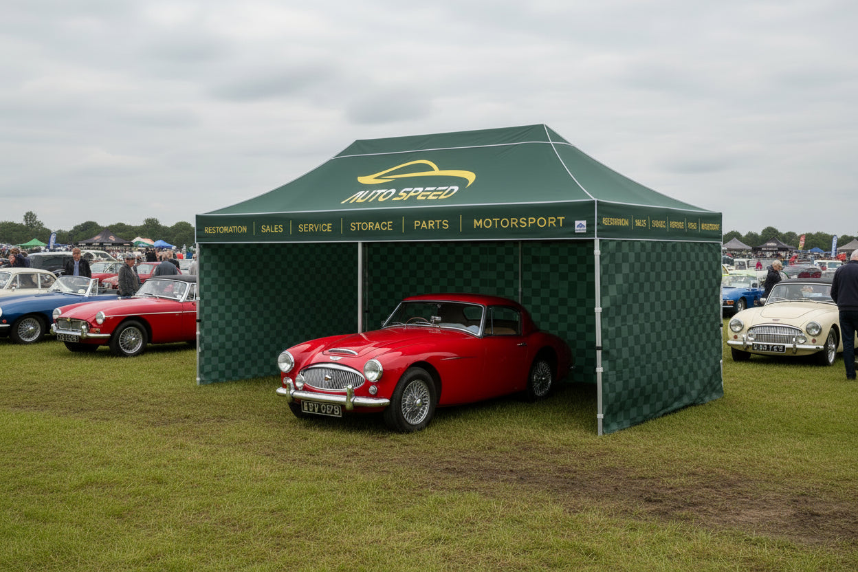 Green pop-up canopy tent with Auto Speed branding on a white background