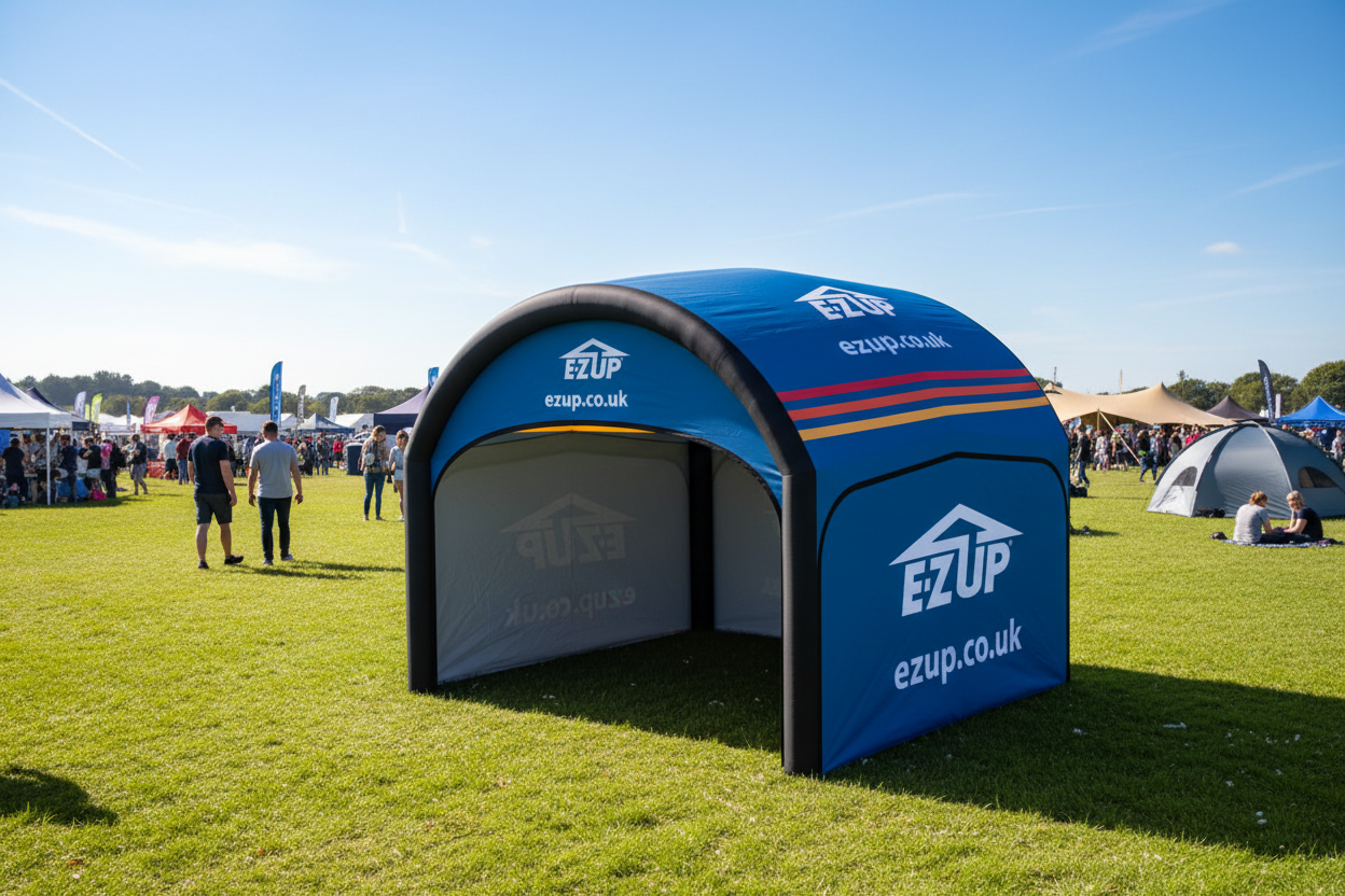 A blue inflatable hut with black trim and a logo strip, likely intended for use as a trade show display or event canopy.