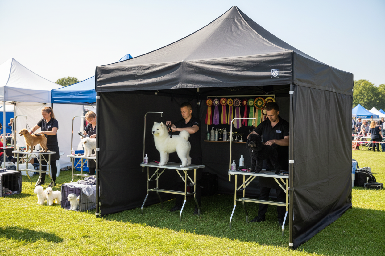 Black pop-up tent with grooming station for dogs at an outdoor event.