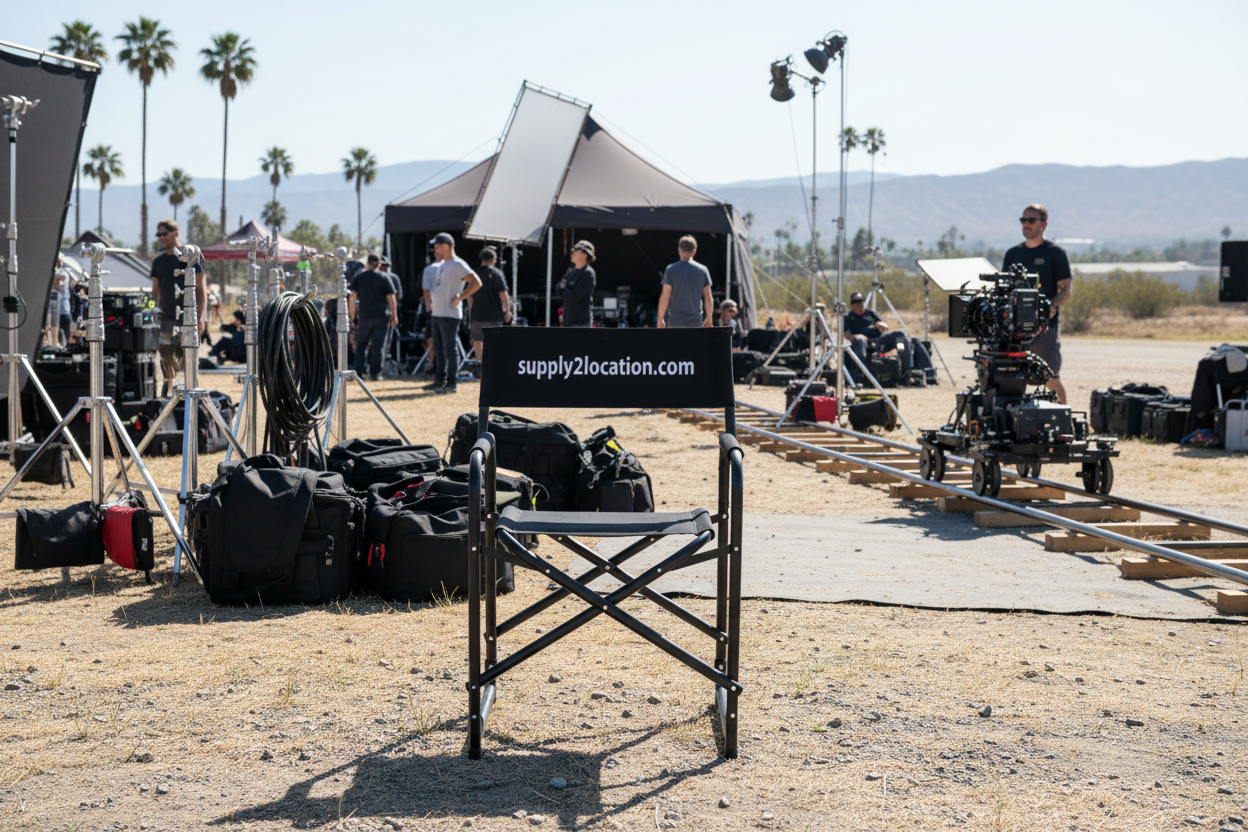 Film set with equipment and 'supply2location' sign in a desert-like setting