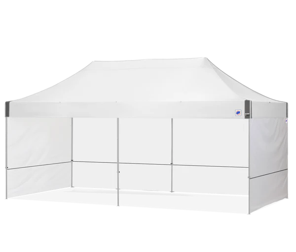 White pop-up canopy tent with side panels on a white background
