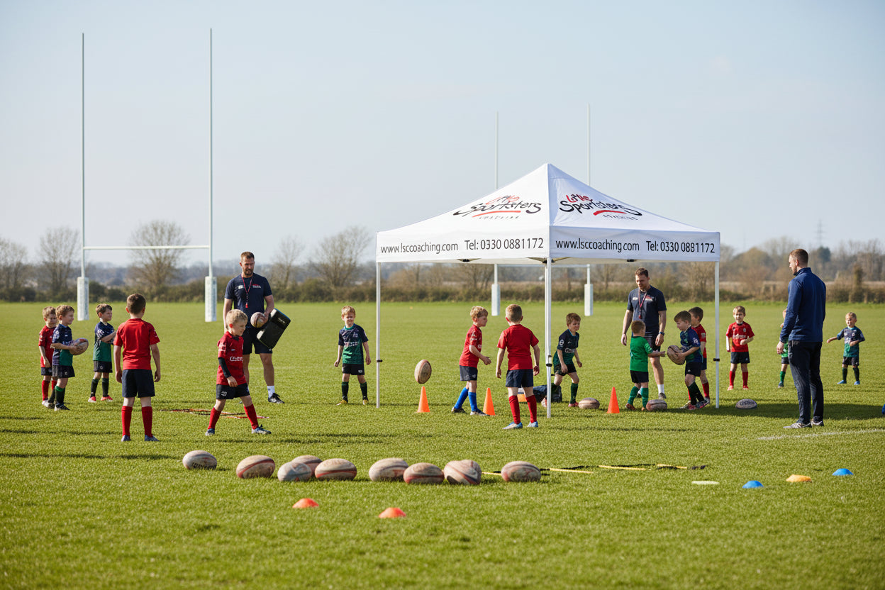 Promotional EZUP canopy with branding and contact information on a white background