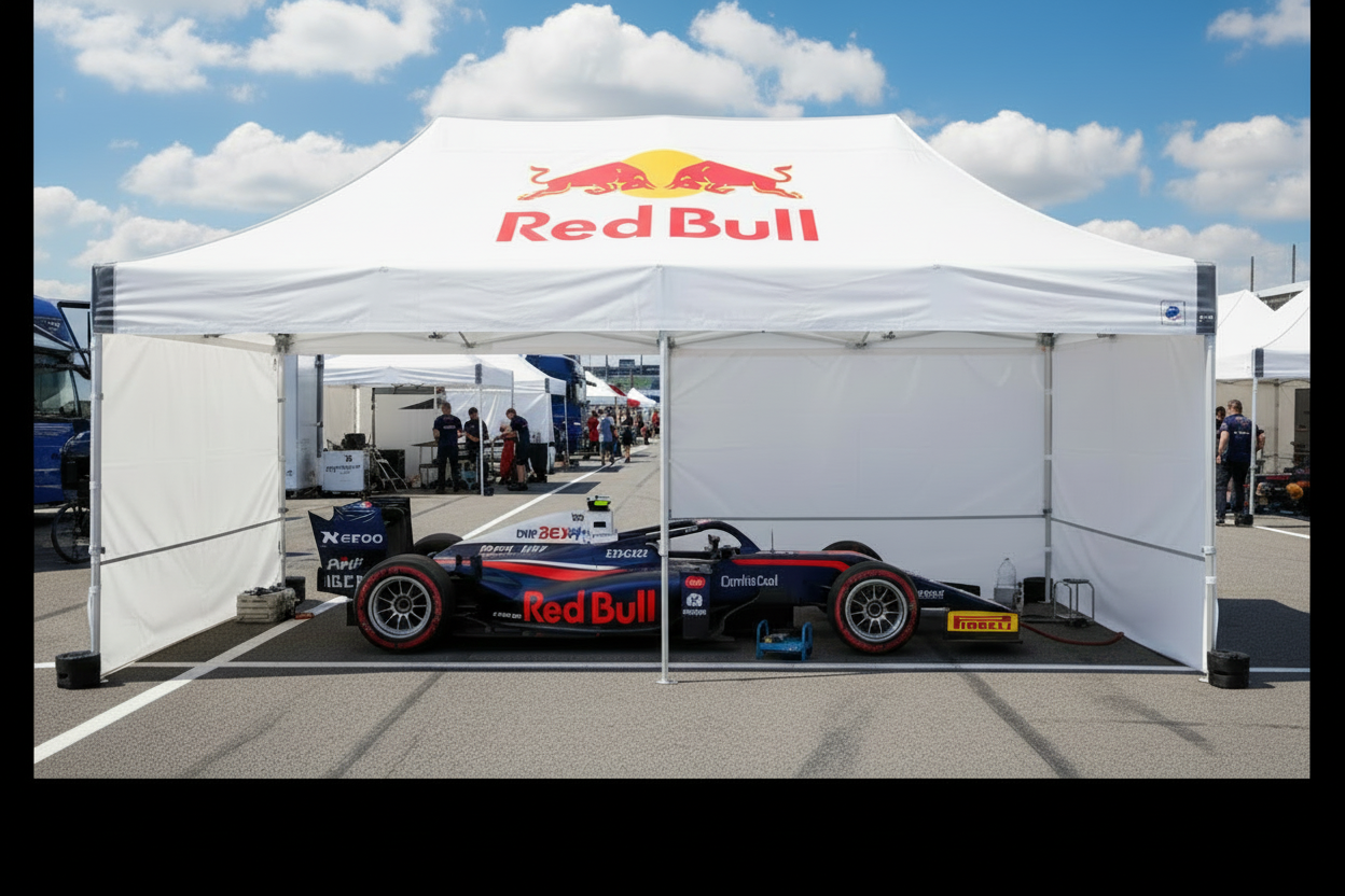 Red Bull branded tent with a racing car underneath at a race track.