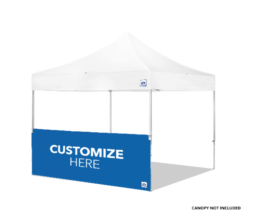 White outdoor canopy tent with a blue side panel labeled 'Customize Here' on a white background.
