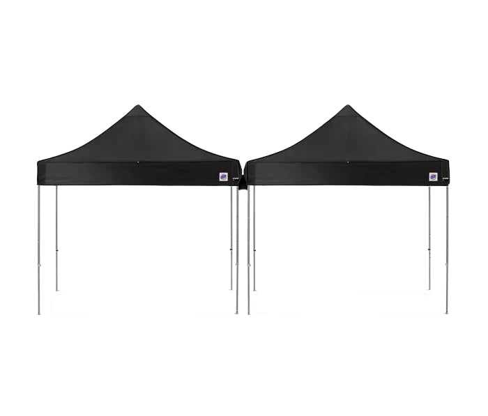 Two red pop-up canopy tents with yellow legs, shown side by side on a plain white background.