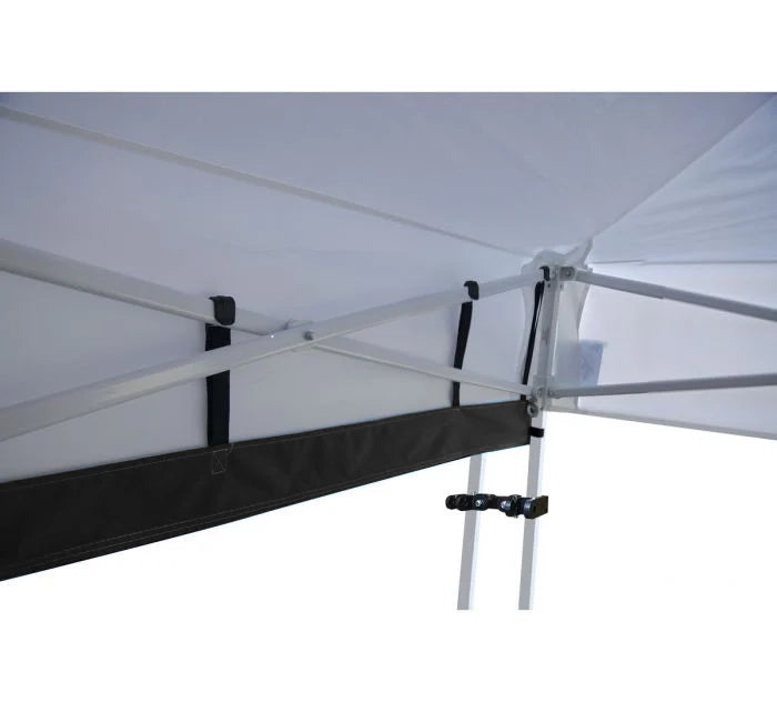 A close-up view of a pop-up canopy tent showing the white fabric roof, white metal frame, black mounting straps, and a blue side panel.