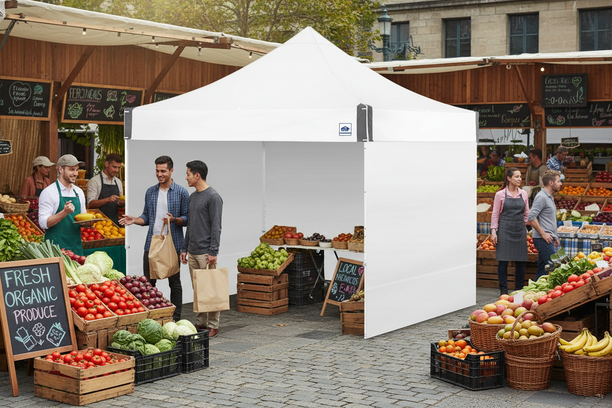 White pop-up canopy tent with side walls on a white background