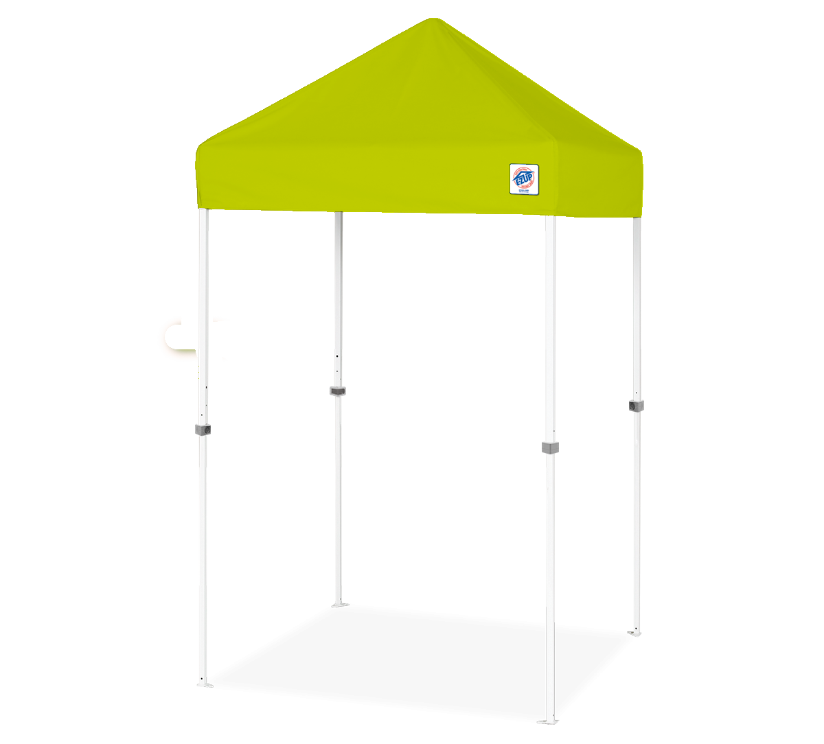 A pop-up canopy tent with a bright lime green fabric roof and a white aluminum frame, shown on a solid white background.