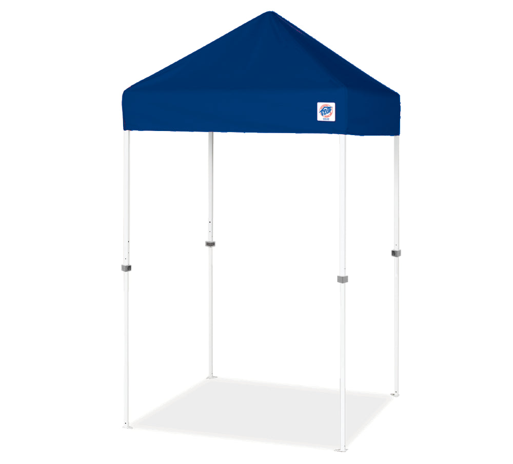 A pop-up canopy tent with a dark blue fabric roof and white metal frame, shown on a plain white background.