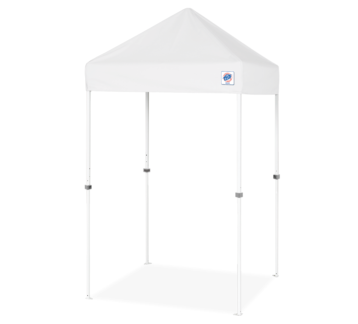 A white pop-up canopy tent with a four-post metal frame, shown from a three-quarter angle on a solid white background.