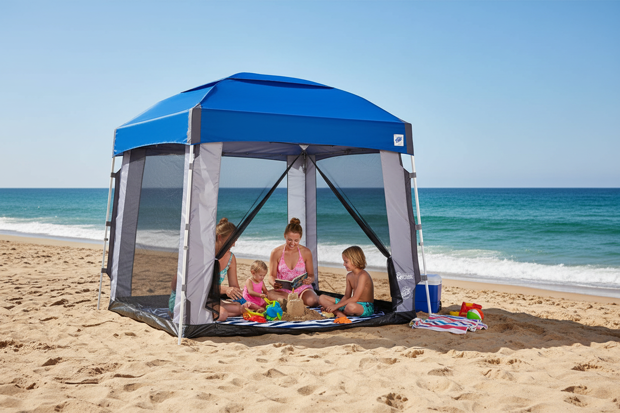A blue and gray E-Z UP Screen Cube Sport tent with mesh walls and a peaked roof, designed for angled leg shelters.