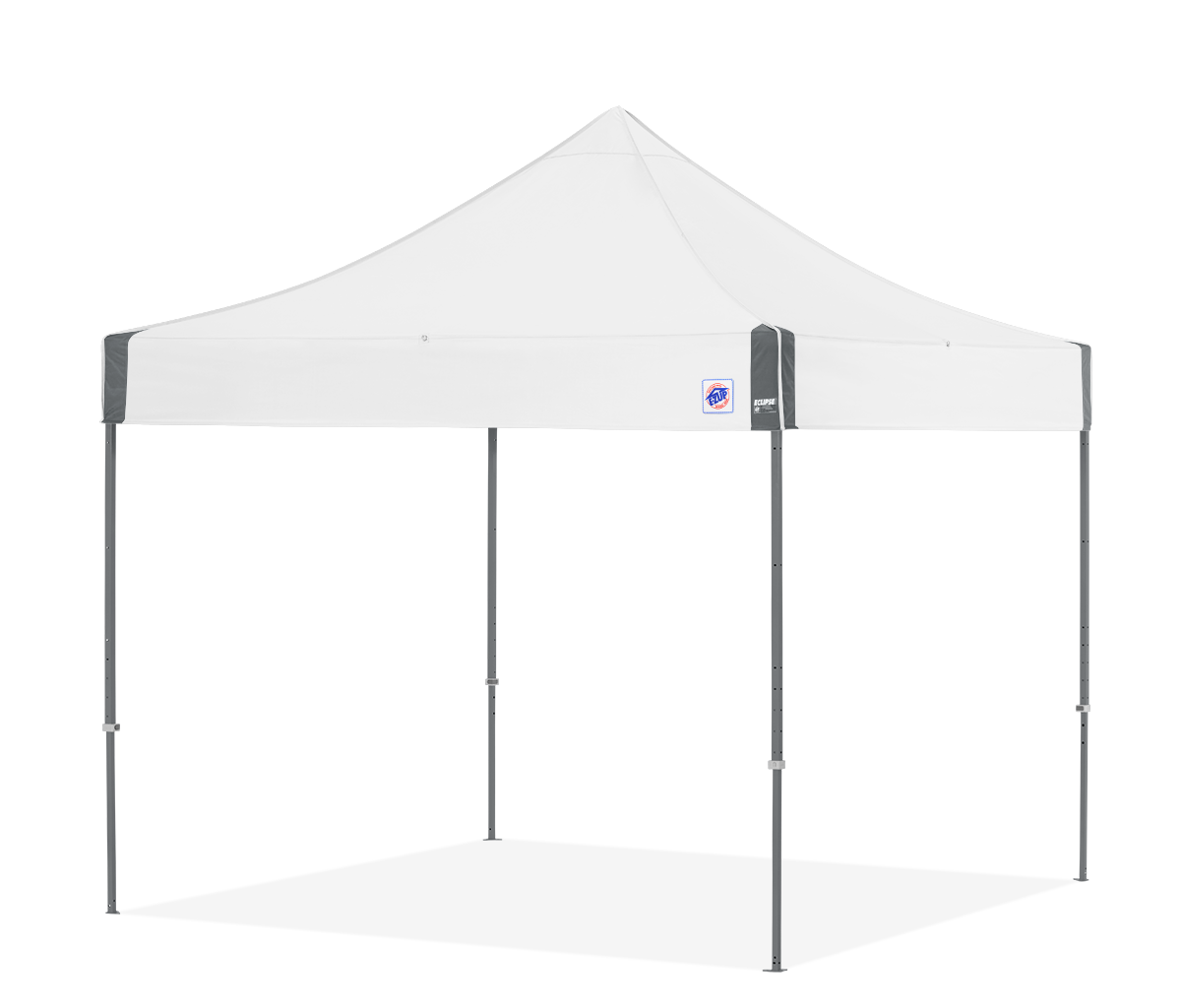 A portable shelter with an aluminium frame and a covering fabric, designed for outdoor events such as trade shows and corporate gatherings.