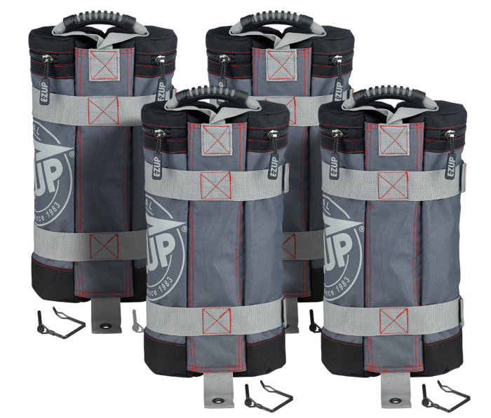 Four black weight bags with red and gray accents designed for outdoor use on hard surfaces, each bag is marked with the brand 'E-Z UP'.