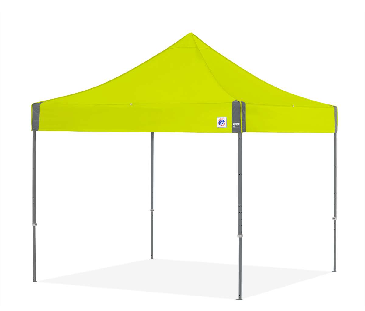 A portable shelter with a folding frame, known as the Custom Eclipse Shelter, with a 3m x 3m size, made from aluminium and steel materials.