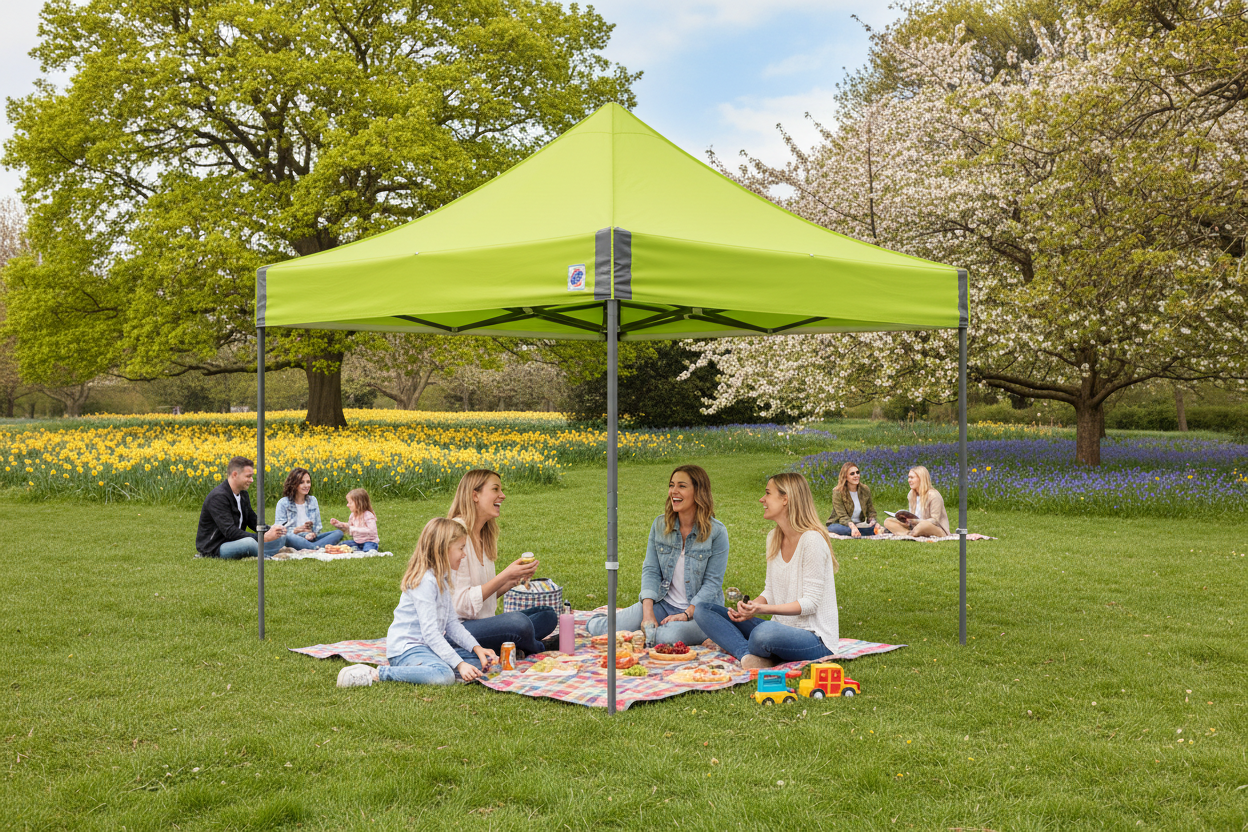 A portable shelter with a folding frame, known as the Custom Eclipse Shelter, with a 3m x 3m size, made from aluminium and steel materials.