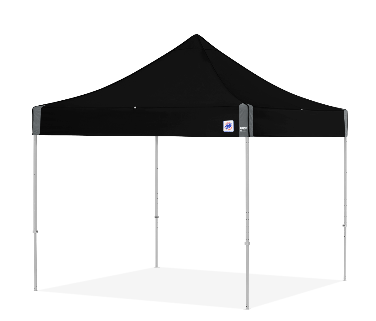A black portable shelter with an aluminum frame and a covering fabric, designed for outdoor events such as trade shows and corporate gatherings.