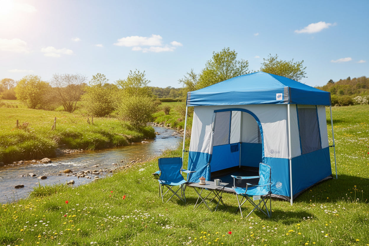 Blue and gray camping tent with a compatible dome shelter on a white background