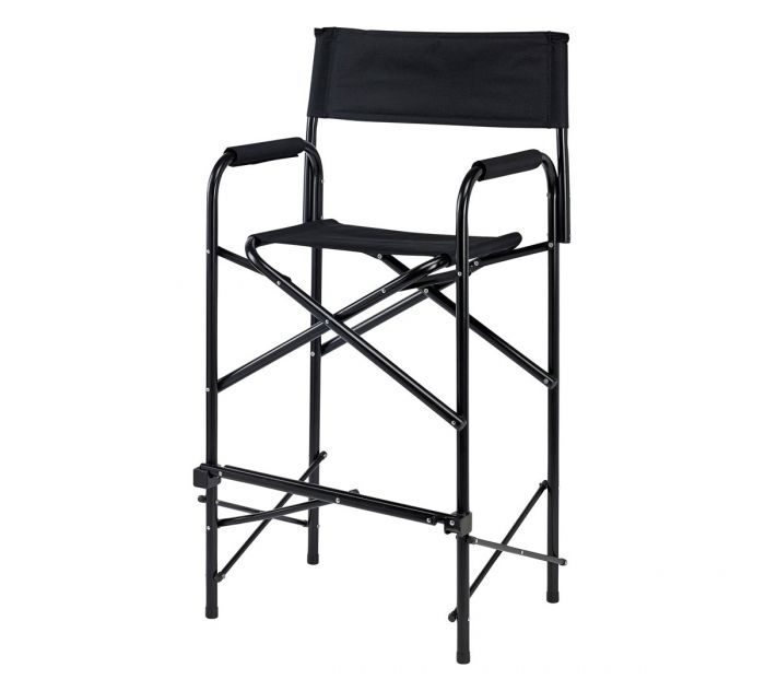 A tall director's chair with a black seat and backrest