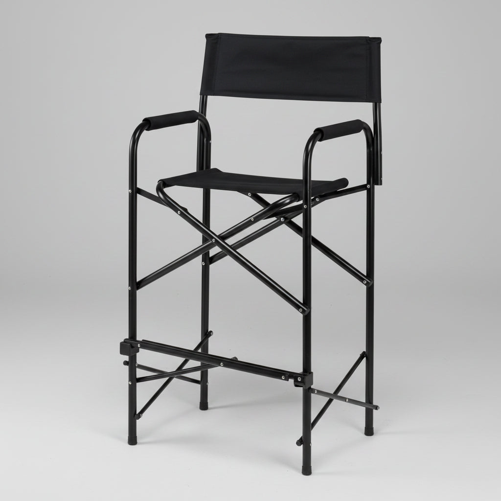A tall director's chair with a black seat and backrest