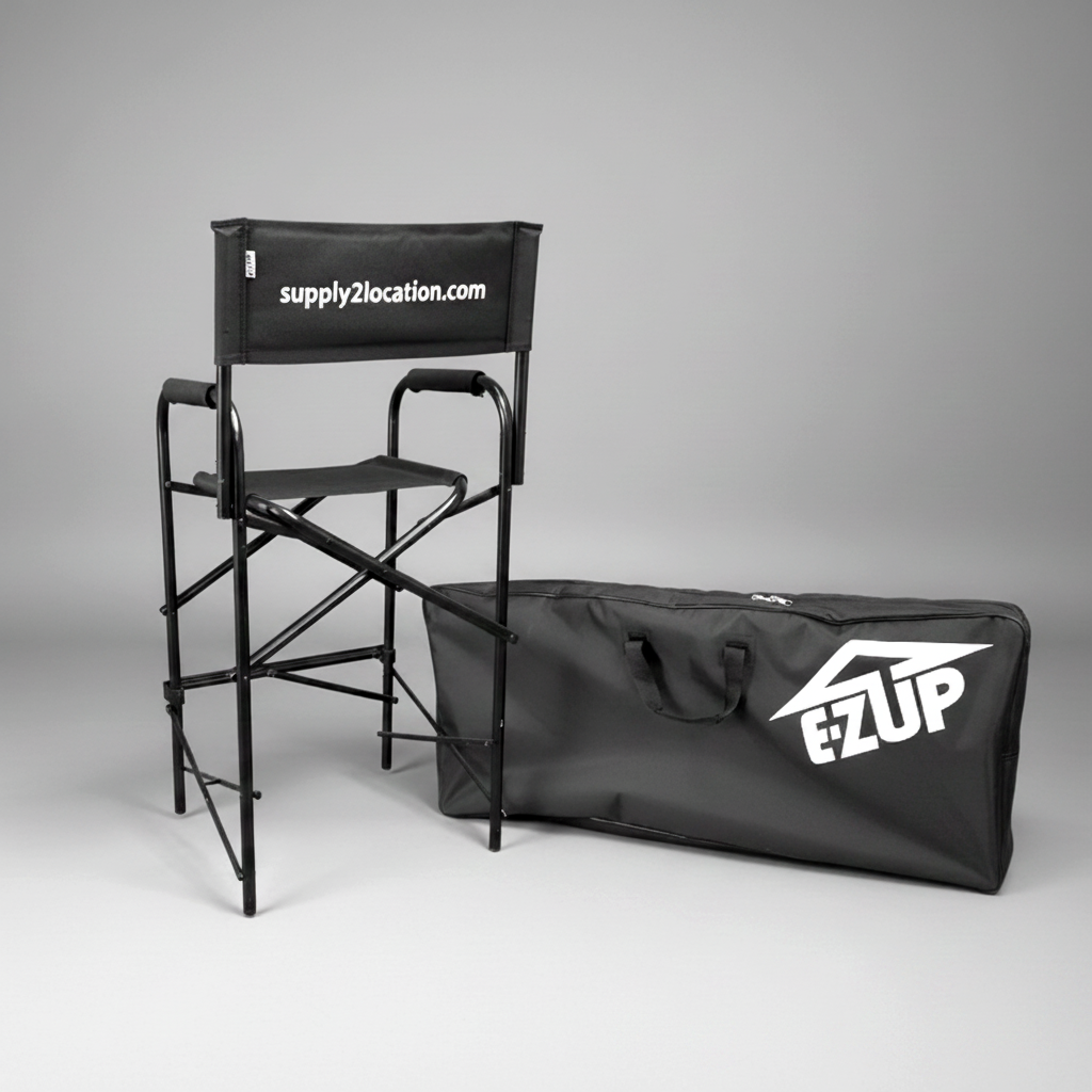 Black folding chair with carrying bag on a white background