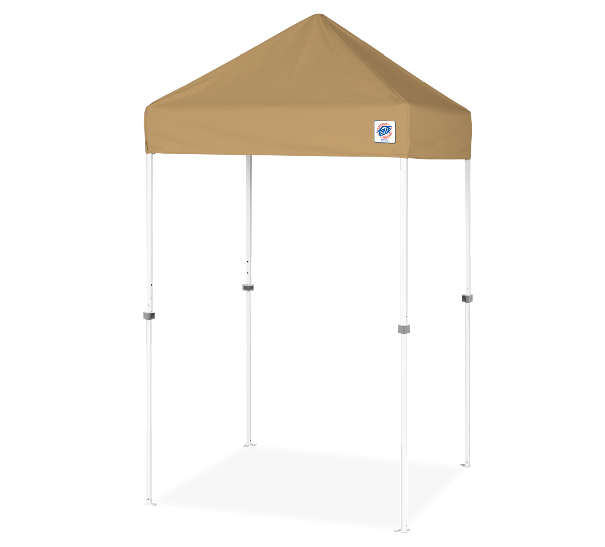 A pop-up canopy tent with a tan canopy and white metal frame, shown on a solid white background.