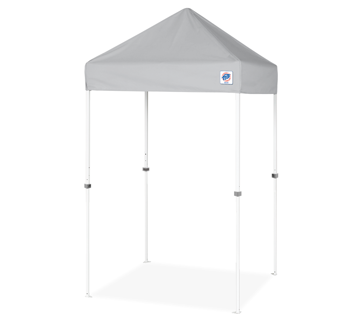 A gray pop-up canopy tent with a white metal frame, shown on a clean white background. A small logo for 'Tent City' is visible on the upper right corner of the canopy.
