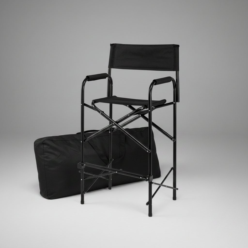 Black director's chair with carrying case on a gray background