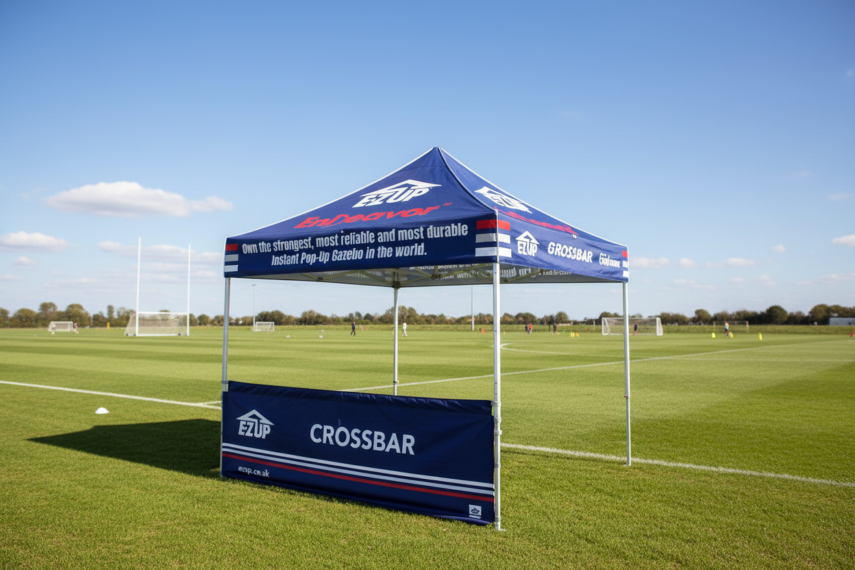 Blue EZUP tent with branding in an indoor setting