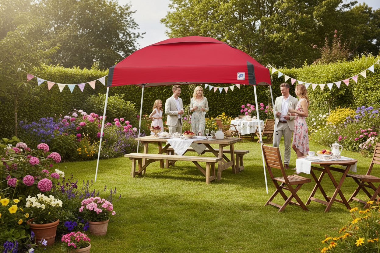 People enjoying a picnic under a red e-z up Dome canopy in a garden with flowers and trees.