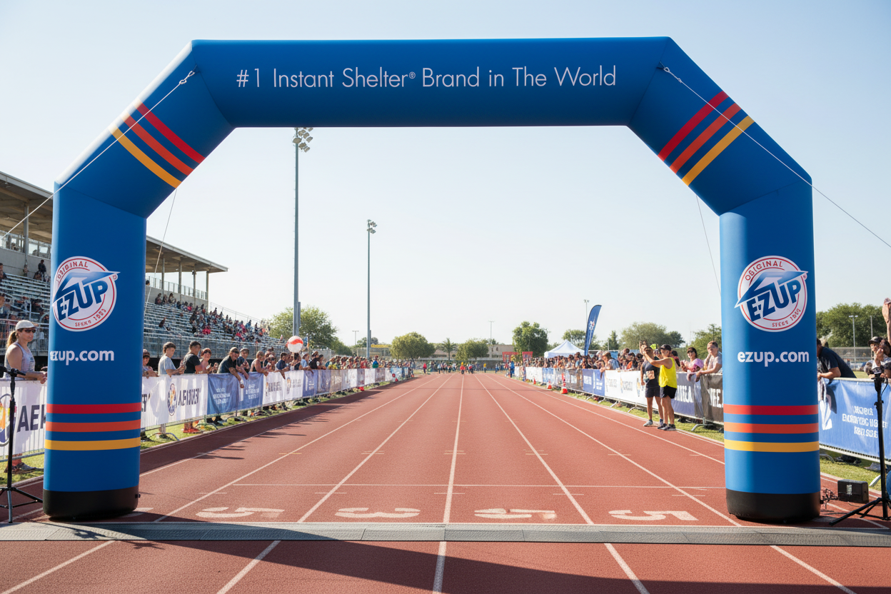 A branded inflatable arch with a blue body and multicolor details, featuring text and a logo, set against a white background.