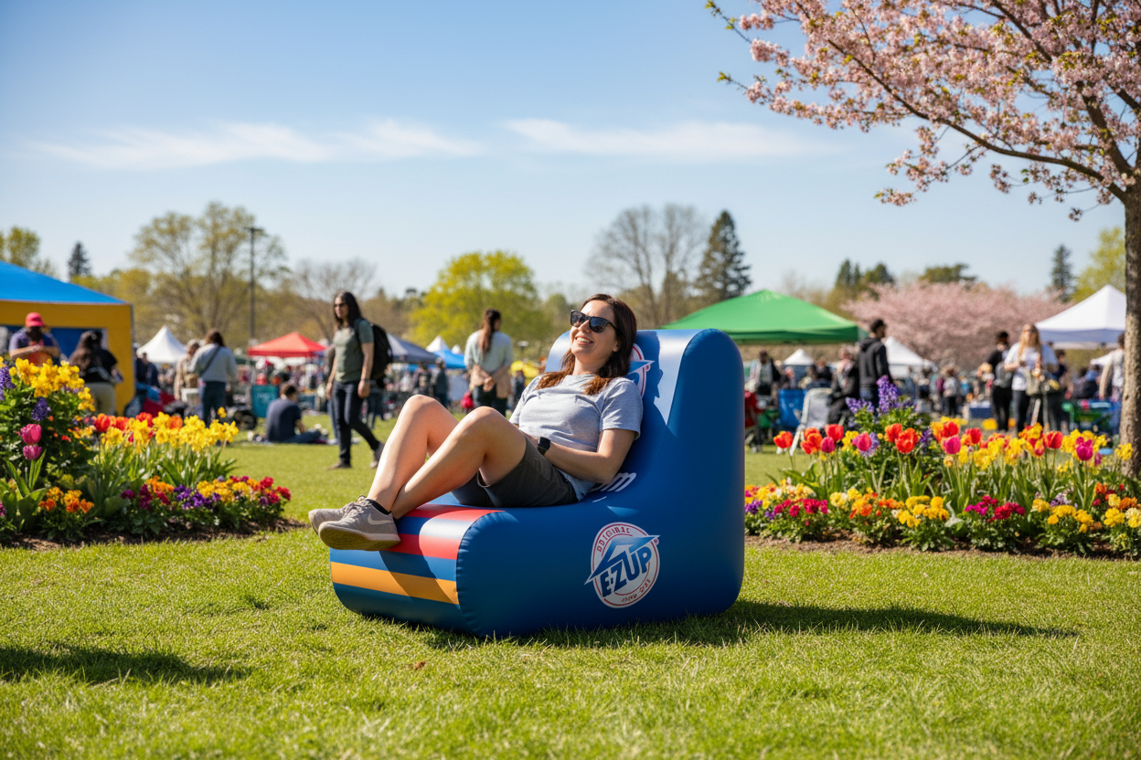 Person relaxing on a colorful inflatable E-Z UP chair in a park with flowers and people in the background