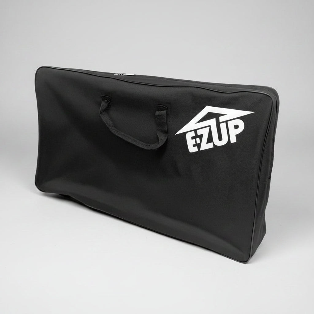 Black carrying bag with E-Z UP logo on a gray background