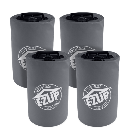A set of four gray water weight bags with the E-Z UP brand logo, designed to provide stability to a shelter.