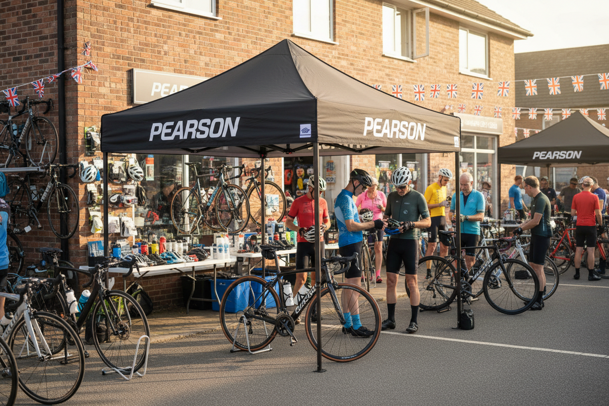 Bicycle shop with people around bicycles and Pearson branding.