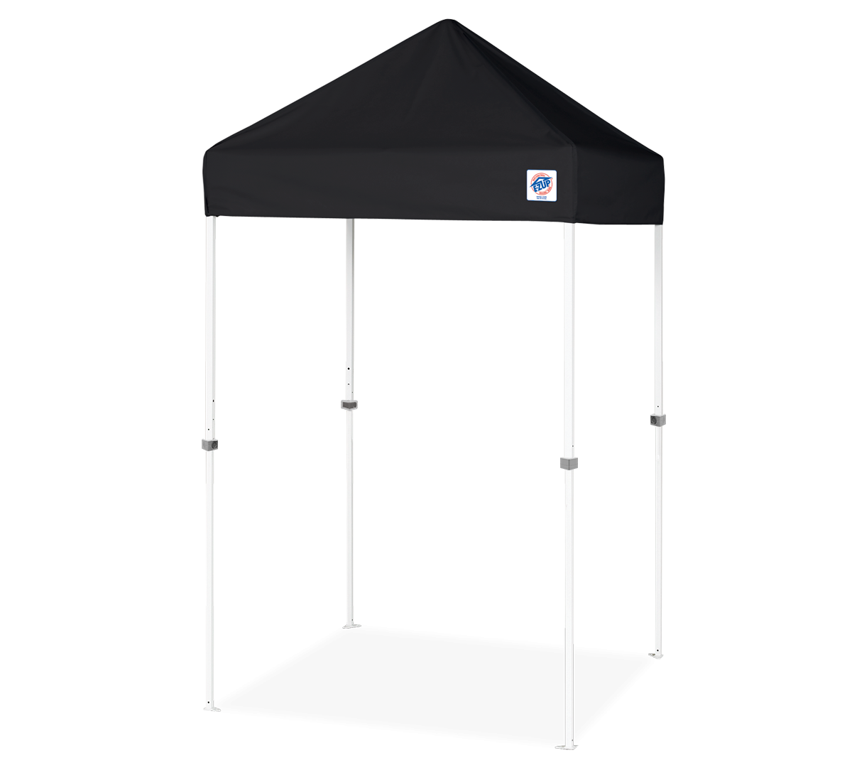 A black pop-up canopy tent with a white metal frame, shown on a clean white background. A small blue and white logo is visible on the upper right corner of the canopy.