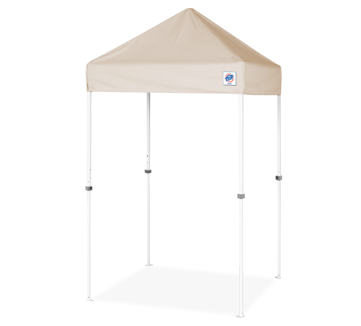 A beige pop-up canopy tent with a white metal frame, shown on a clean white background. A small blue and white logo is visible on the front right corner of the canopy.