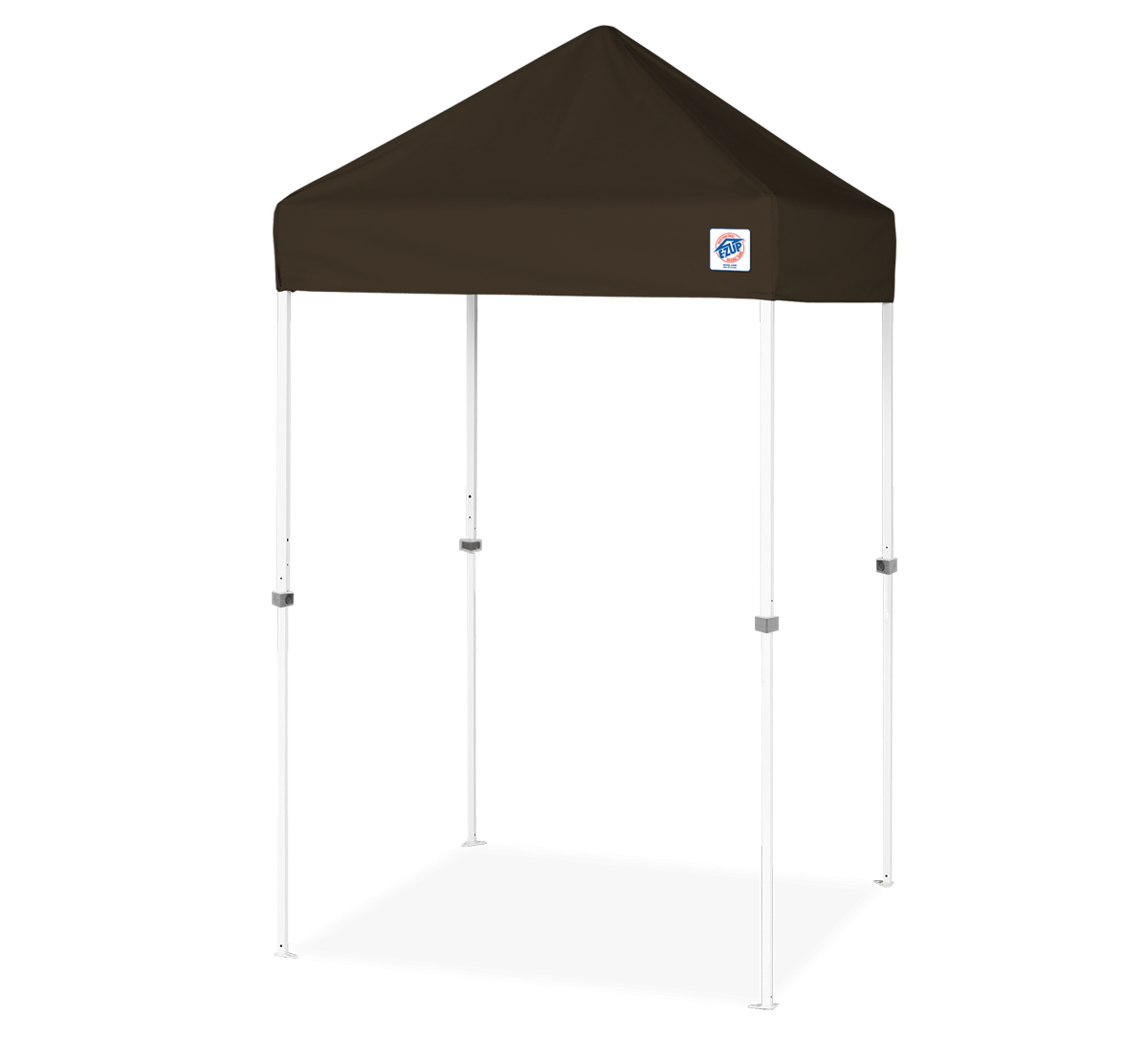 A pop-up canopy tent with a dark brown canopy and white metal frame, shown on a clean white background.
