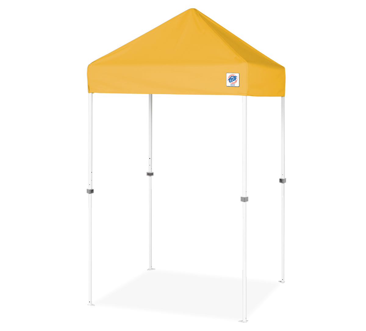 A yellow pop-up canopy tent with a white metal frame, shown on a clean white background. A small blue and white logo is visible on the front-right corner of the canopy.
