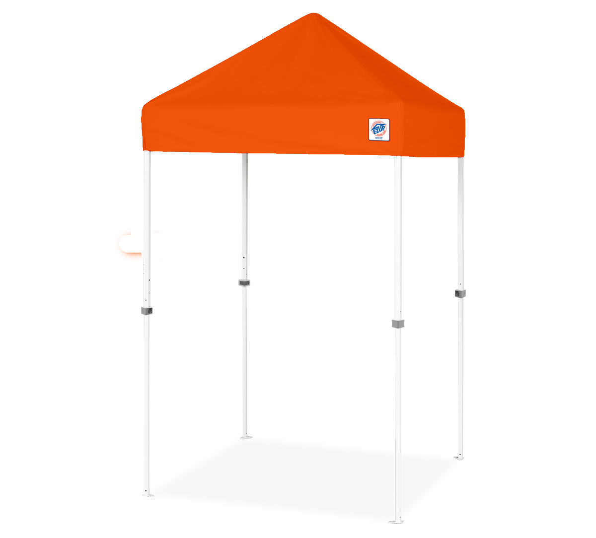 An orange pop-up canopy tent with a white metal frame, shown on a plain white background with a faint shadow underneath.