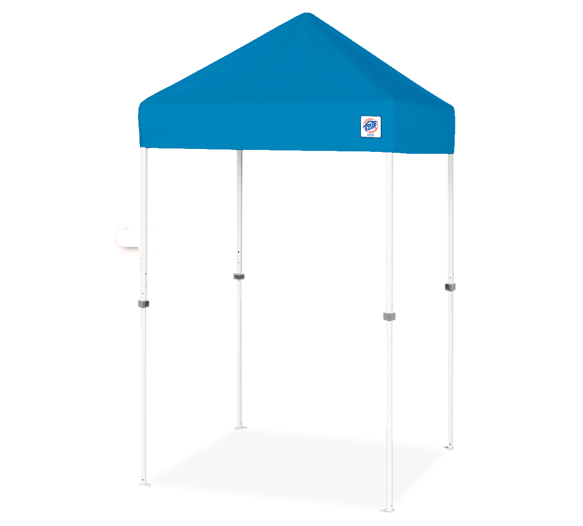 A pop-up canopy tent with a bright blue triangular roof and white metal frame, shown on a plain white background.