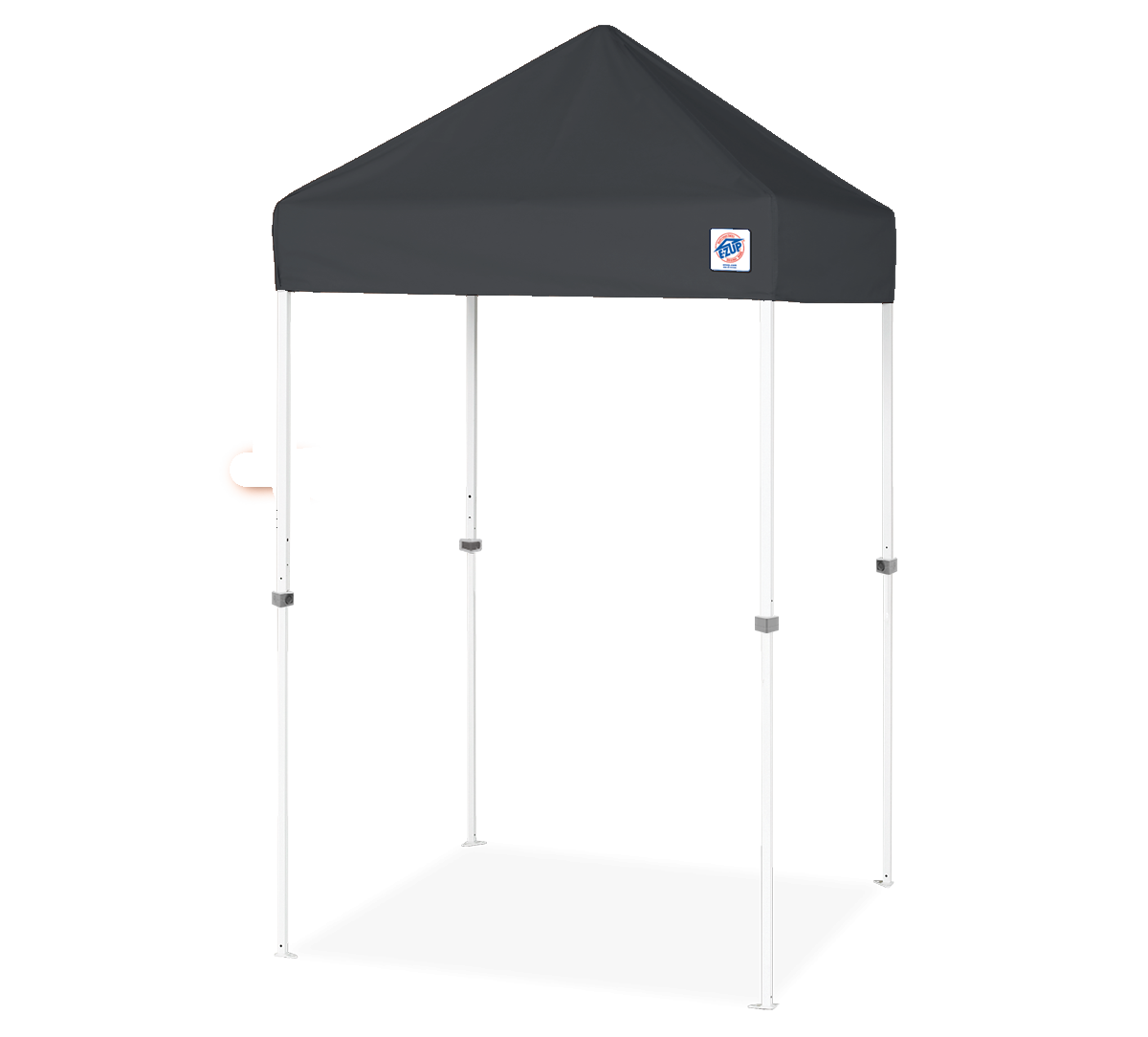 A pop-up canopy tent with a dark gray fabric roof and white metal frame, shown on a plain white background.