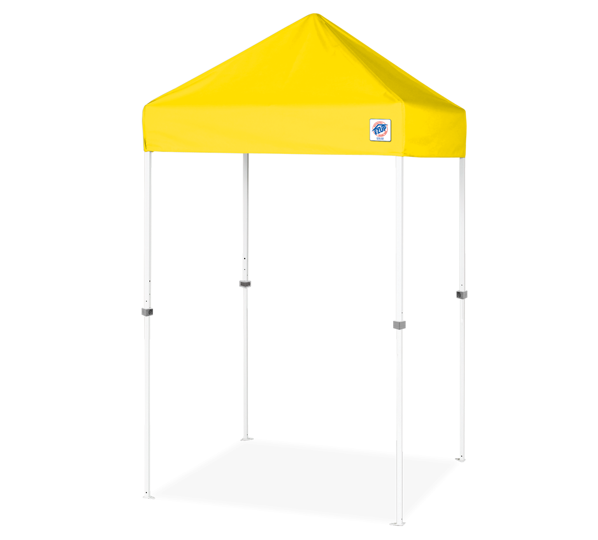 A bright yellow pop-up canopy tent with a white metal frame, shown on a clean white background. A small blue and white logo is visible on the front-right corner of the canopy.