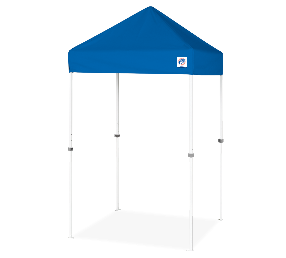 A blue pop-up canopy tent with a white metal frame, shown on a clean white background. A small white square logo is visible on the right side of the canopy.